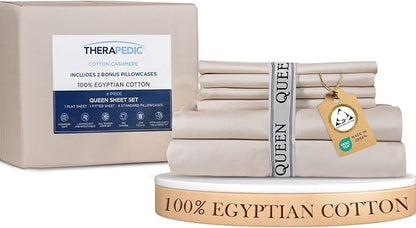 Therapedic 100% Egyptian Cotton Queen 6-Piece Sheet Set – Naturally Cooling & Breathable Sateen, Preshrunk Garment Wash, 16" Deep Pocket Fitted Sheet, Bonus Pillowcases, Soft & Durable - Fog