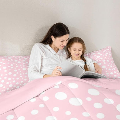 Manfei White Polka Dots Comforter Set Full Size,Geometric Circles Pink White Simple Girly Bedding Set for Child Young,Princess French Style Cute Dots Print Comforter,3 Pcs 2 Pillowcases
