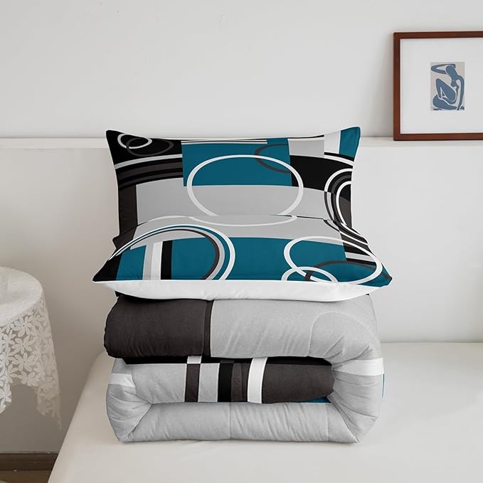 Erosebridal Modern Turquoise Decor Comforter Set Gray Black Blue Stripe Geometric Down Comforter King Size Retro Circle Swirls Bedding Set Modern Abstract Texture Color Art Duvet Set
