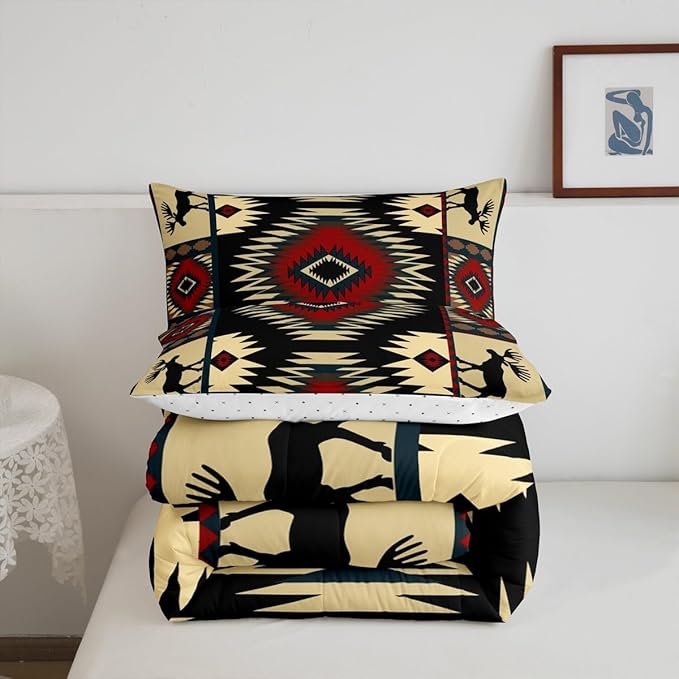 Feelyou Boho Comforter Set Toddler Size Rustic Comforter for Boys Girls Teens Cabin Bedding Set Retro Duvet Set Room Decor Auburn Quilt Set