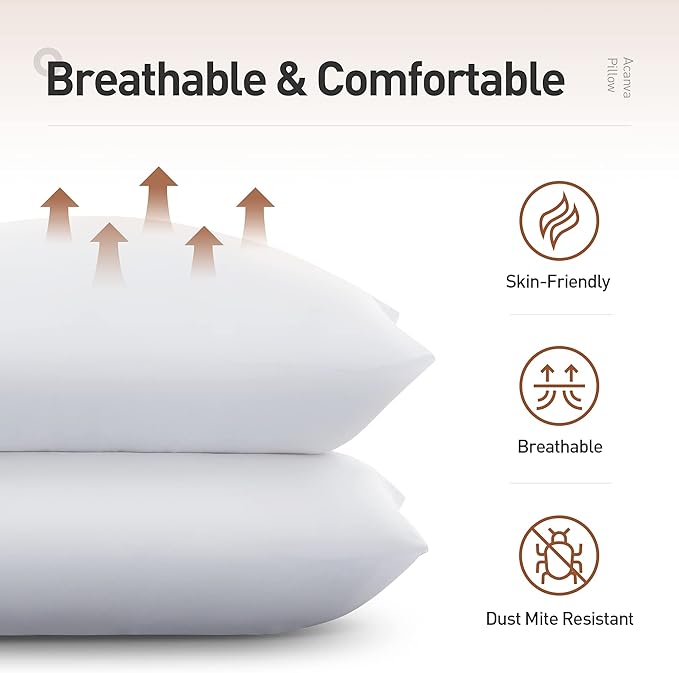 Acanva Bed Pillows 2 Pack Hotel Collection Luxury Soft Inserts for Sleeping-Breathable and Comfortable for Stomach Back Sleepers, Standard (Pack of 2),
