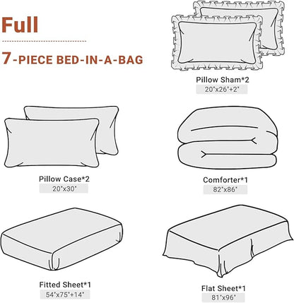 JOLLYVOGUE Burnt Orange Full Size Comforter Sets 7 Pieces, Pintuck Bed in a Bag Comforter Set for Bedroom, Bedding Comforter Sets with Comforter, Sheets,Ruffled Shams & Pillowcases