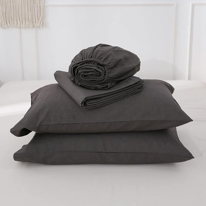 Simple&Opulence Belgian Linen Sheet Set Solid Color - 4 Pieces (1 Flat Sheet, 1 Fitted Sheet & 2 Pillowcases) Natural Flax Cotton Blend Soft Breathable Farmhouse Bedding - Queen Size, Dark Grey