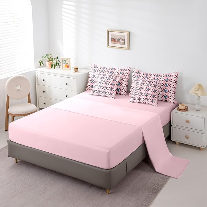 Erosebridal Boho Aztec Bed in A Bag Queen 7 Pcs Bohemian Southwestern Comforter Set for Kids Teens Western Ethnic Tribal Mexican Bedding Sets Pink Cowgirl Geometric Diamond Sheet Set with Comforter