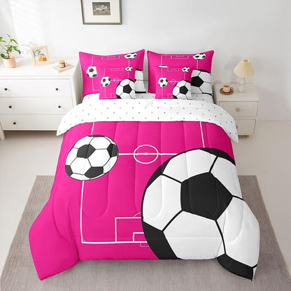 Erosebridal Sports Theme 7 Piece Bedding Set Twin Football Comforter Set with Sheets Boys Football Court Pink White Bed in a Bag Playground Soccer Ball Pattern for Kids Boys Girls