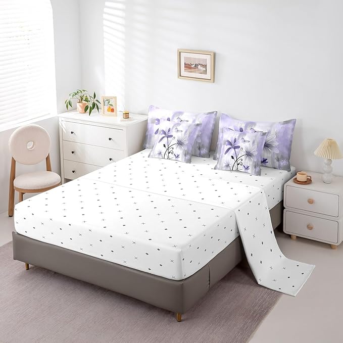 Feelyou Girls Daisy Flower Comforter Set with Sheets Queen Size 7 Pieces Kids Vintage Floral Butterfly Bedding Set for Boys Women Teens Purple White Grey Simple Modern Abstract Art Bed in a Bag