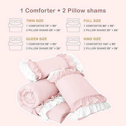 Masaca Pink Comforter Set Queen,Farmhouse Shabby Boho Chic Bedding White Ruffle Comforter Vintage Rustic French Country Bedding Set 3PCS (1 Ruffled Comforter and 2 Pillowcases)