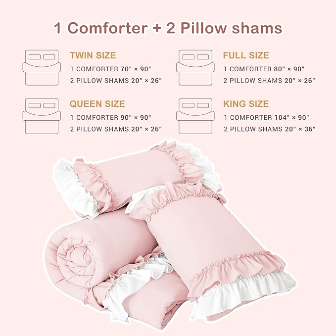 Masaca Twin Comforter with Ruffles,Shabby Boho Chic Pink and White Ruffle Comforter Set Farmhouse Rustic French Country Kids Twin Bedding Sets 3-Piece（1 Ruffled Comforter and 2 Pillowcases）