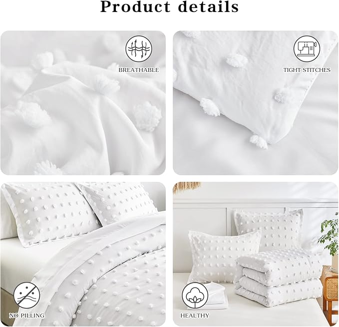 7 Pieces Tufted Dots Bed in a Bag Queen Comforter Set with Sheets White , Soft and Embroidery Shabby Chic Boho Comforters, Solid Color with Pom Pom Design, Jacquard Tufts Bedding Set for All Season