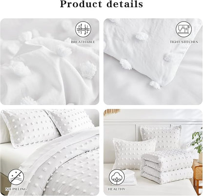 7 Pieces Tufted Dots Bed in a Bag Queen Comforter Set with Sheets White , Soft and Embroidery Shabby Chic Boho Comforters, Solid Color with Pom Pom Design, Jacquard Tufts Bedding Set for All Season