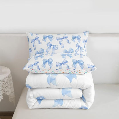 Erosebridal Blue Bow Comforter Set King Size Cute Cartoon Bowknot Bedding Set for Girls,Dreamy Princess Style Down Comforter for Kids Teen Women,Blue Kawaii Girly Coquette Butterfly Knot Quilt