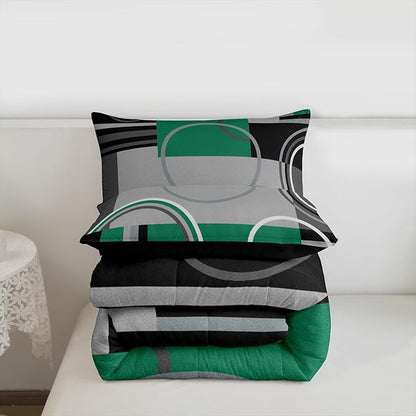 Erosebridal Geometric Swirls Bedding Set Twin Olive Green Black Gray Square Comforter Abstract Circles Gromment Duvet Insert Stripes Lines Quilt Modern Graphic Down Comforter with 1 Pillow Cover