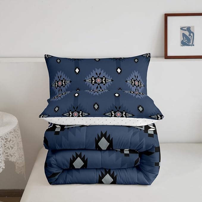 Feelyou Southwest Native Comforter Set Navy Blue Western Bedding Set Toddler Size for Kids Boys Girls Teens Room Decor Boho Geometric Tribal Comforter Soft Microfiber