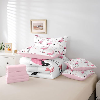 Erosebridal Kids Girls Bowknot Bow Flamingo King 7-Piece Comforter Set | Black Pink Y2K Sheets and Pillowcases Kawaii Cute Bed in A Bag Love Hearts Bed Sets