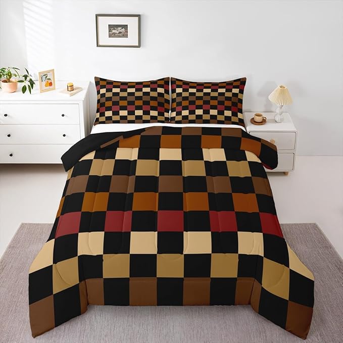 Checkered Retro Kids Comforter Set Full Size Brown Red Black Plaid Bedding Set Geometric Vintage Duvet Quilt for Kids Boys Girls Bedroom Modern Simple Groovy Aesthetic Decor