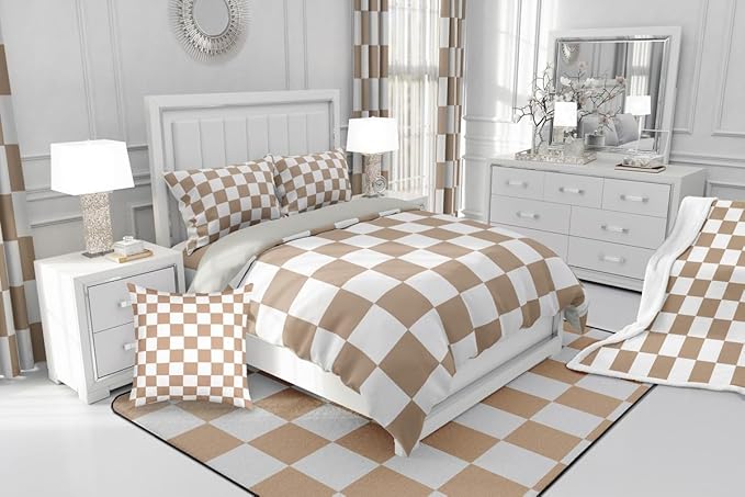 Feelyou Checkered Bedding Set for Boys Girls Brown Plaid Comforter Set Queen Size Vintage Checkerboard Geometric Duvet Quilt Reversible Grey Bedroom Decor 3 Pcs with 2 Pillow Cases