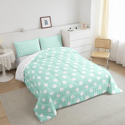 Manfei Polka Dots Comforter Set,Modern Geometric Circles Abstract Simple Art Bedding Set for Kids Teens Bedroom,Cartoon French Style Dots Green White Quilt Set 2 Pcs with 1 Pillowcase,Toddler
