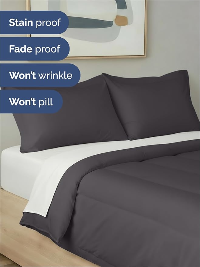 Queen Comforter Set - 3 Piece Bed Set for All Seasons - 1 Soft Quilted Comforter with Corner Tabs & 2 Pillow Shams - Comfy & Breathable - Premium Down Duvet Insert - Oeko-TEX - Queen Size, Dark Grey