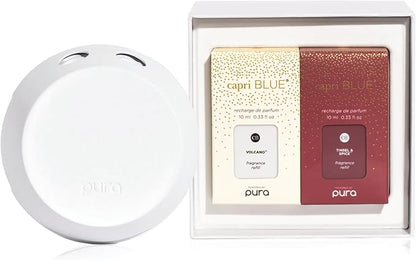 Capri Blue x Pura 4 - Smart Fragrance Diffuser Plug in Kit - Includes 1 Pura Diffuser + 2 Fragrance Refill Vials - Long Lasting Scents - LED Light - 2.4 GHz WiFi Required (Tinsel & Spice + Volcano)