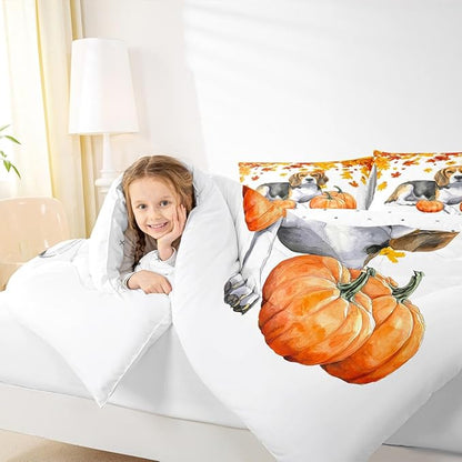 Fall Pumpkin Comforter Set Retro Watercolor Sausage Dog Quilted Duvet Full Thanksgiving Harvest Seasonal Bedding Set For Kids Boys Girls,Happy Fall Maple Leaf Soft Lightweight Comforter Orange 3 Pcs
