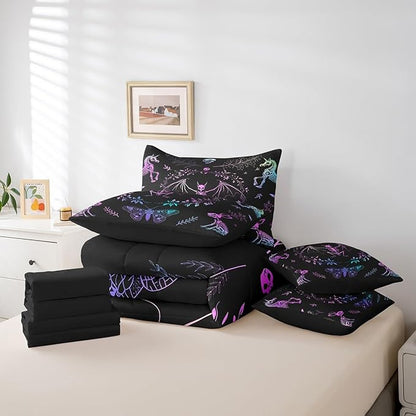 Castle Fairy Moth Animal Comforter Set in a Bag 7 Pieces,Gothic Skull Boho Quilt Set,Black and White Skeleton Bedding Set Twin (1 Comforter,2 Pillowcase,2 Pillow Covers,1 Flat Sheet,1 Fitted Sheet)