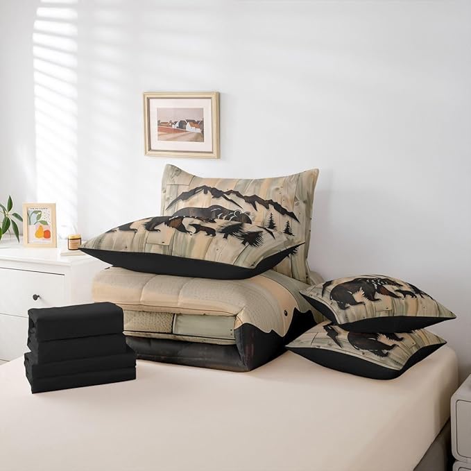 Erosebridal Rustic Cabin Bear 7 Piece Comforter Set Full | Jungle Hunting Wildlife Bed in A Bag Wild Animals Sheet Set Reversible Grain Barn Door Farmhouse Fitted Sheet Breathable Lightweight