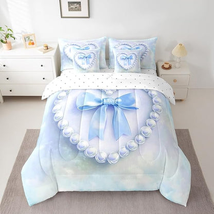 jejeloiu Girls Silk Bow 7 Piece Bedding Set King Size Blue Pearl Comforter Set with Sheets for Kids Women Princess Style Bed in a Bag Blue Ombre Bed Set