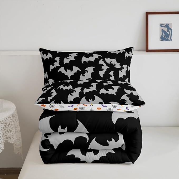 Erosebridal Gray Bat Toddler Comforter Halloween Bat Bedding Set Spooky Goth Gothic Animal Duvet Insert Horror Halloween Bed Sets for Kids Teens Adults