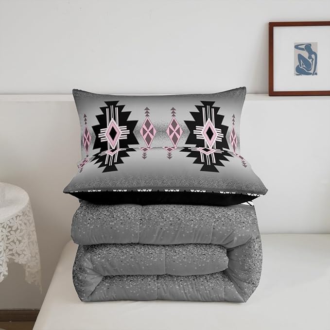 Erosebridal Pink Western Comforter Set Toddler Size, Southwestern Aztec Bedding Set for Boys Teens Men Bedroom, Exotic American Native Bedding Comforter Sets Vintage Bohemian Geometric Quilt, Grey