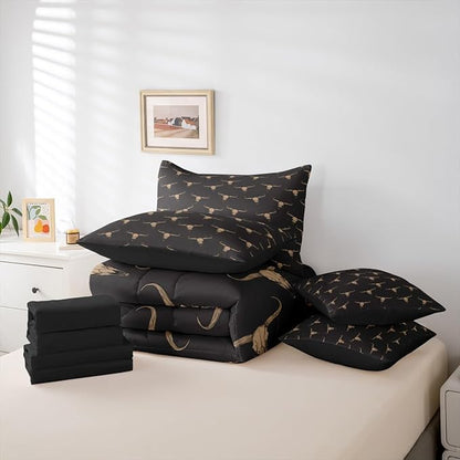 Erosebridal Bull Skull 7 Piece Comforter Set Full Ethnic Bohemian Bedding for Men Boys | Tribal Steer Skull Wildlife Aztec Bedroom Decor Farmhouse Cabin Lodge Sheet Set with Comforter,Black Brown