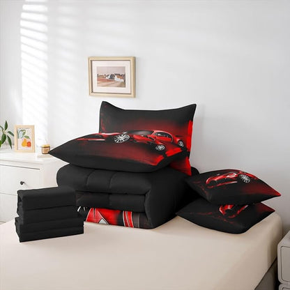 Feelyou Sports Car 7 Piece Bedding Set Red Race Car Comforter Set with Sheets for Kids Boys Girls Extreme Sports Theme Bed in a Bag Cool Speed Luxury Car Decor Bed Set with 1 Pillowcase Twin