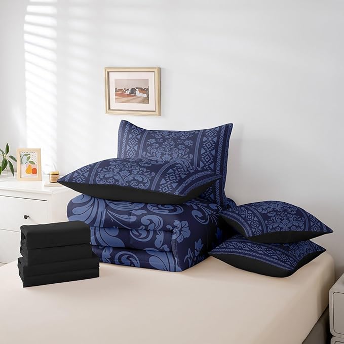 Comforter Set Twin Size, Blue Damask Aztec 7 Pcs Bedding for Kids and Adults, Antique Decor Western Baroque Gothic Floral Bed Sheet Sets with Fitted Sheet 2 Pillowcases & 2 Shams for Bedroom Bed Decor