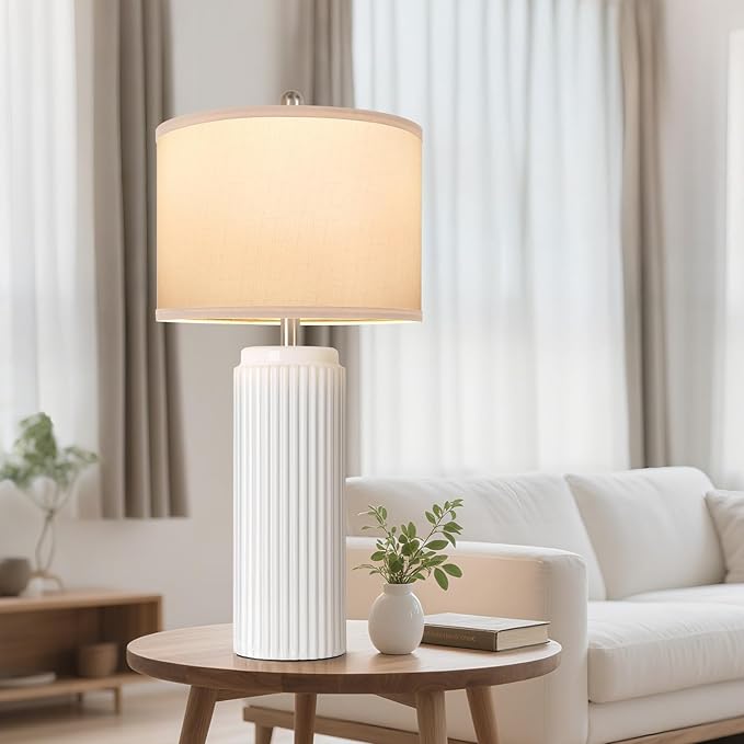 TOBUSA 28’’ Modern White Ceramic Lamps Set of 2 for Living Room, Vintage Nightstand Lamps for Bedroom, Farmhouse Bedside Lamps with Linen Shade, Elegant Decor Lamp Sets for Home Office