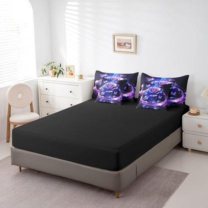 Erosebridal Purple Blue Rose King Bed in a Bag 7 Piece,Romantic Flower Rose Comforter Set with Sheets,Trippy Butterfly Floral Bedding Set Wedding Valentines Day Gifts for Women Girls Girlfriend
