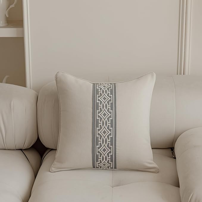 Throw Pillow Covers with Insert Included, with Embroidered Detail, 18 x 18 inches, Decorative Throw Pillow for Sofa Couch Bed (Ivory (Gray Trim), 18" L x 18" W)