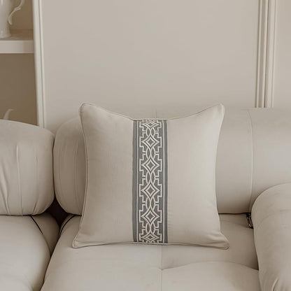 Throw Pillow Covers with Insert Included, with Embroidered Detail, 18 x 18 inches, Decorative Throw Pillow for Sofa Couch Bed (Ivory (Gray Trim), 18" L x 18" W)