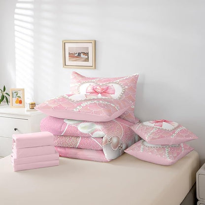jejeloiu Girls Pink Bowknot 7 Piece Bedding Set King Size White Pearl Comforter Set with Sheets for Kids Women Glitter Mermaid Bed in a Bag Princess Style Bed Set