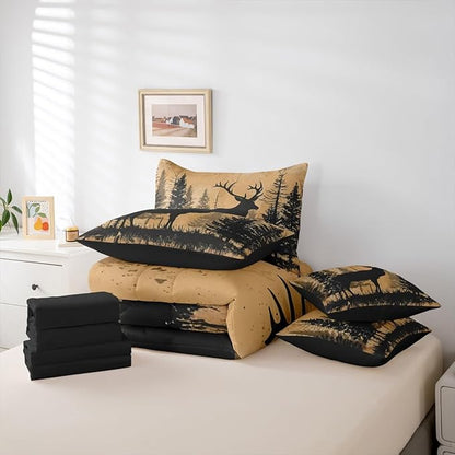 Erosebridal Full Size Deer Hunting Comforter Set with Sheets 7 Pcs | Rustic Cabin Lodge Bedding Set for Kids Boys Girls Cute Deer Silhouette Bed in A Bag Country Woodland Farmhouse Quilt Sets