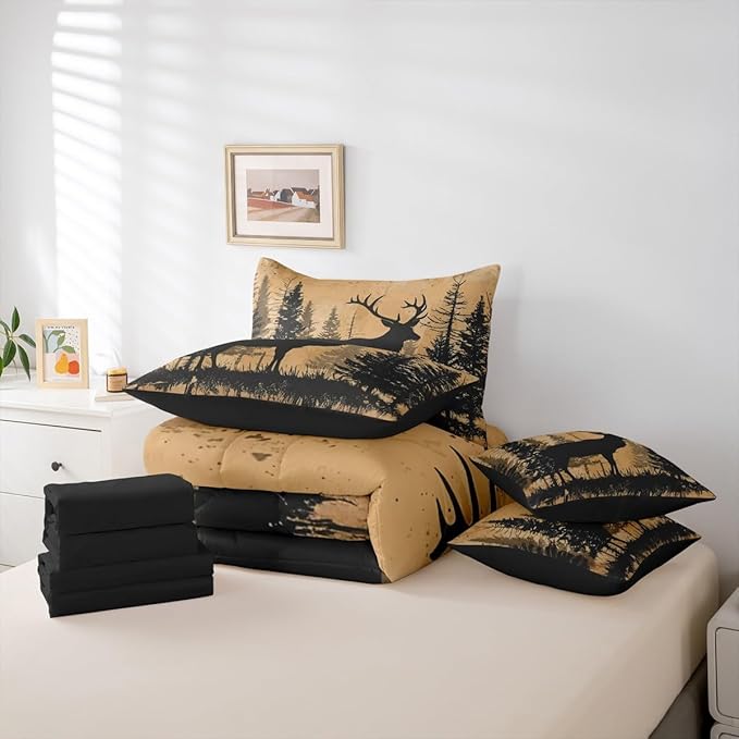 Erosebridal Twin Size Deer Hunting Comforter Set with Sheets 7 Pcs | Rustic Cabin Lodge Bedding Set for Kids Boys Girls Cute Deer Silhouette Bed in A Bag Country Woodland Farmhouse Quilt Sets