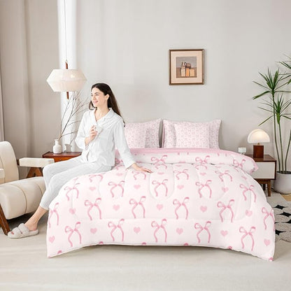 Erosebridal Pink Bow Love Hearts Pink King 7-Piece Comforter Set | Bowknot Kawaii Cute Sheets and Pillowcases Princess Dreamy Ribbon Bed in A Bag Girls Women Teens Bed Sets