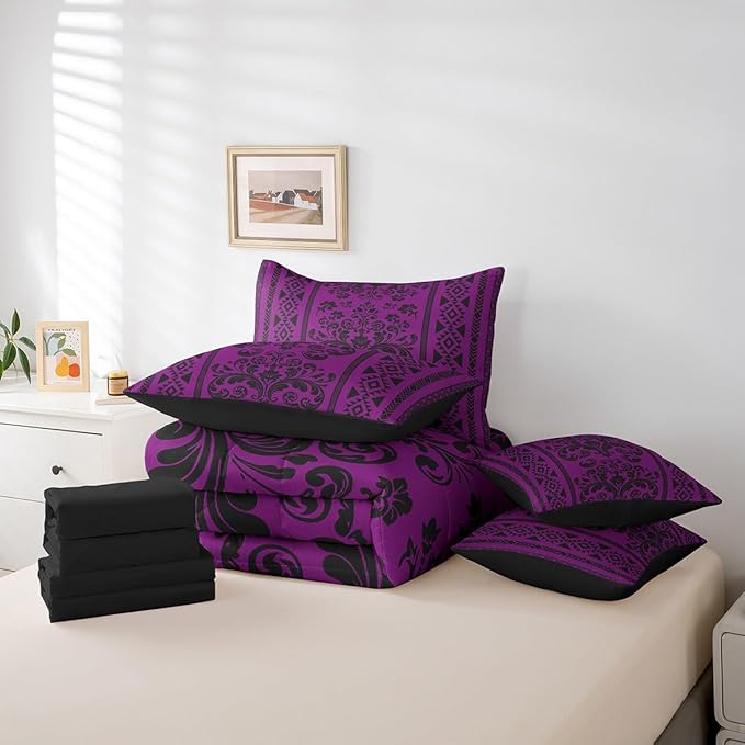 Comforter Set Full Size, Purple Damask Aztec 7 Pcs Bedding for Kids and Adults, Baroque Western Boho Gothic Floral Bed Sheet Sets with Fitted Sheet 2 Pillowcases & 2 Shams for Bedroom Bed Decor