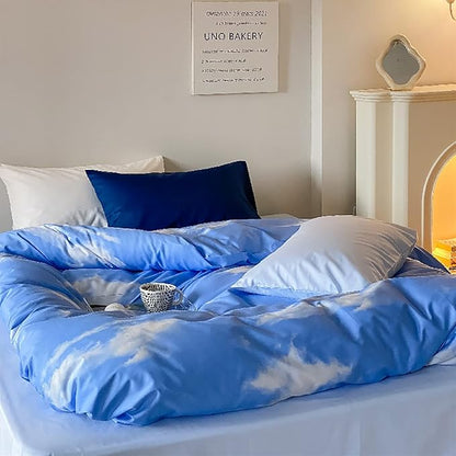 KAREVER Blue Cloud Comforter Set Queen Size Sky Theme Bedding Women 3 Pieces Soft Light Blue Queen Bed Blanket Set for All Season as Gift