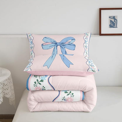 Feelyou Bow Kids Comforter Set Twin Size Floral Bedding Set Pink Blue Duvet Quilt for Kids Boys Girls Bedroom Cute Bowknot Decor Kawaii Microfiber Ultra Soft Breathable
