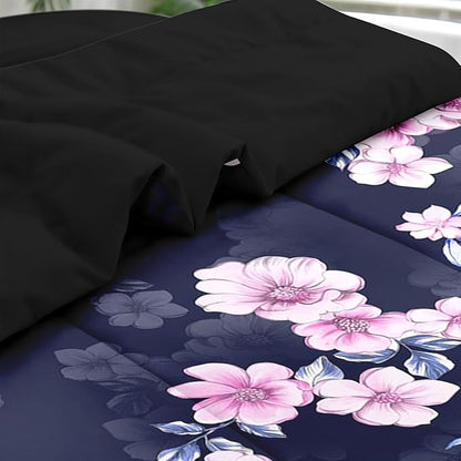 Comforter Set Queen Size, Navy Blue Pink Flower 7 Pcs Bedding for Kids and Adults, Floral Summer Vintage Bed Sheet Sets with Fitted Sheet 2 Pillowcases & 2 Shams for Bedroom Bed Decor