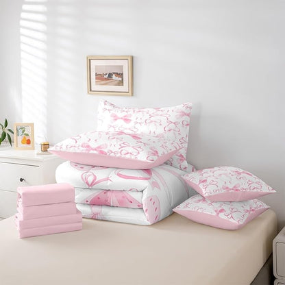 Feelyou Pink Bow Comforter Set with Sheets 7 Piece Twin Size Cute Bowknot Bed in a Bag Kids Boys Girls Pricess Style Bedding Set Kawaii Bedroom Decor Breathable Soft Lightweight Microfiber