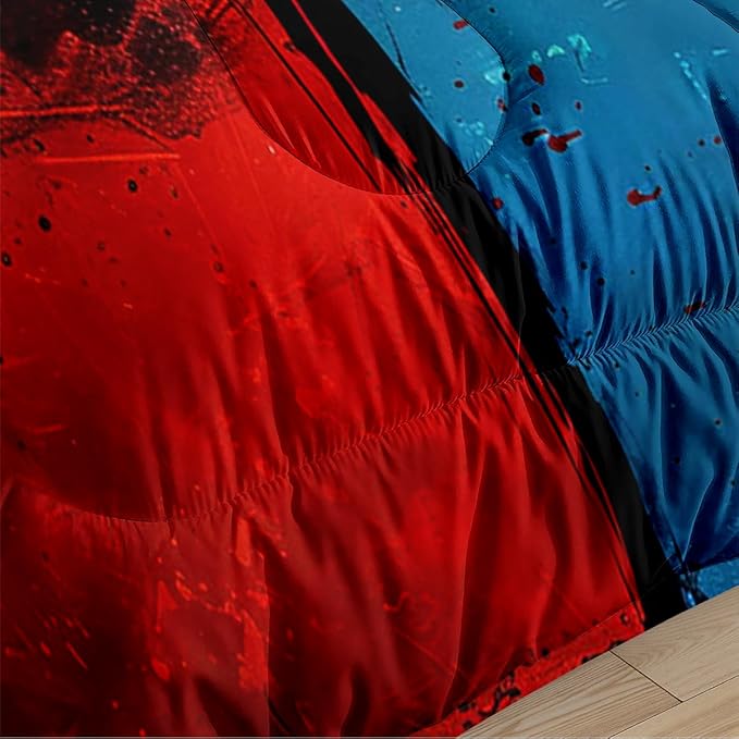Japanese Anime Comforter Set Queen Size, Red Blue Swordsman Bedding Set forTeens Boys, 3 Pcs Soft Microfiber Quilted Set with 2 Pillowcases, 90"x90"