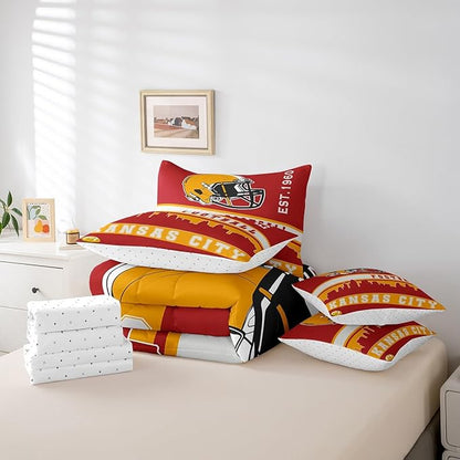 Erosebridal Football 7 Pcs Comforter Set Queen Football Fans Bedding for Kids Footballs City Sheet Set Bed in A Bag Red Yellow Rugby Competition Room Decor Sports Ball Game Bed Set