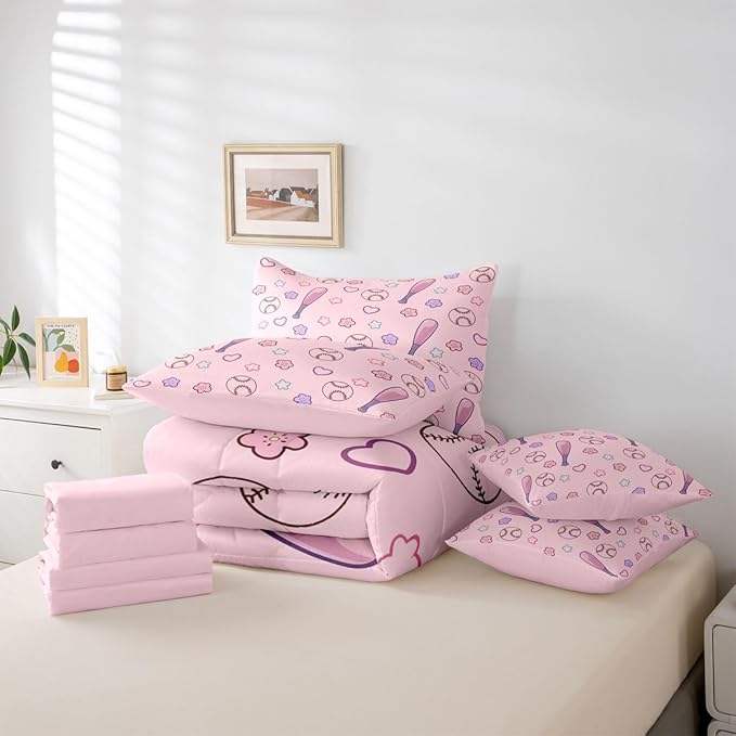Erosebridal Pink Baseball 7 Piece Comforter Set King | Girly Kawaii Floral Bed in A Bag Athletic Competitive Games Sheet Set Heart-Shaped Pattern Love Fitted Sheet Breathable Lightweight