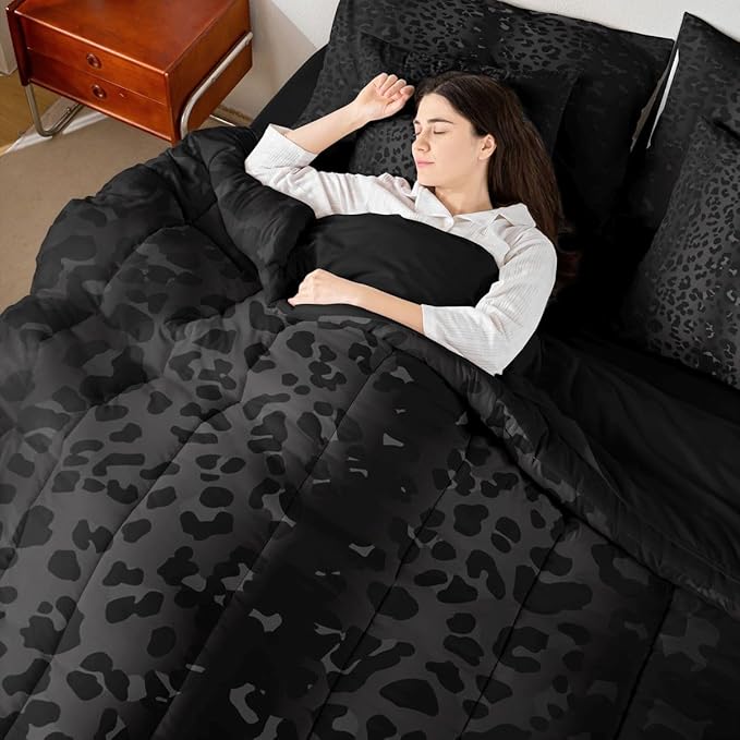 Erosebridal Ombre Black Grey Leopard Print 7 Piece Bedding Set Twin | Cheetah Fur Comforter Set with Sheets Animal Skin Pattern Bed in A Bag Women Men Adults Bed Sets