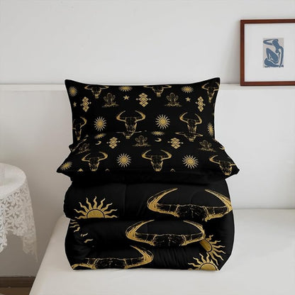 Erosebridal Boho Western Bedding Sets Toddler Black Gold Bohemian Aztec Bull Skull Comforter Set for Boys Teen Men,Southwest Cowboy Quilt Set,Exotic Ethnic Tribal Bed Set Cactus Moon Sun Decor